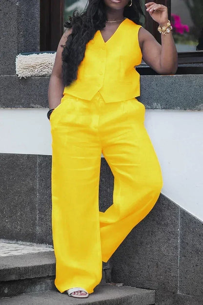 CM.YAYA Street Women's Set Sleeveless Button Fly Vest Shirt and Wide Leg Pants Elegant 2024 Fall Fashion Two 2-Piece Set Outfits