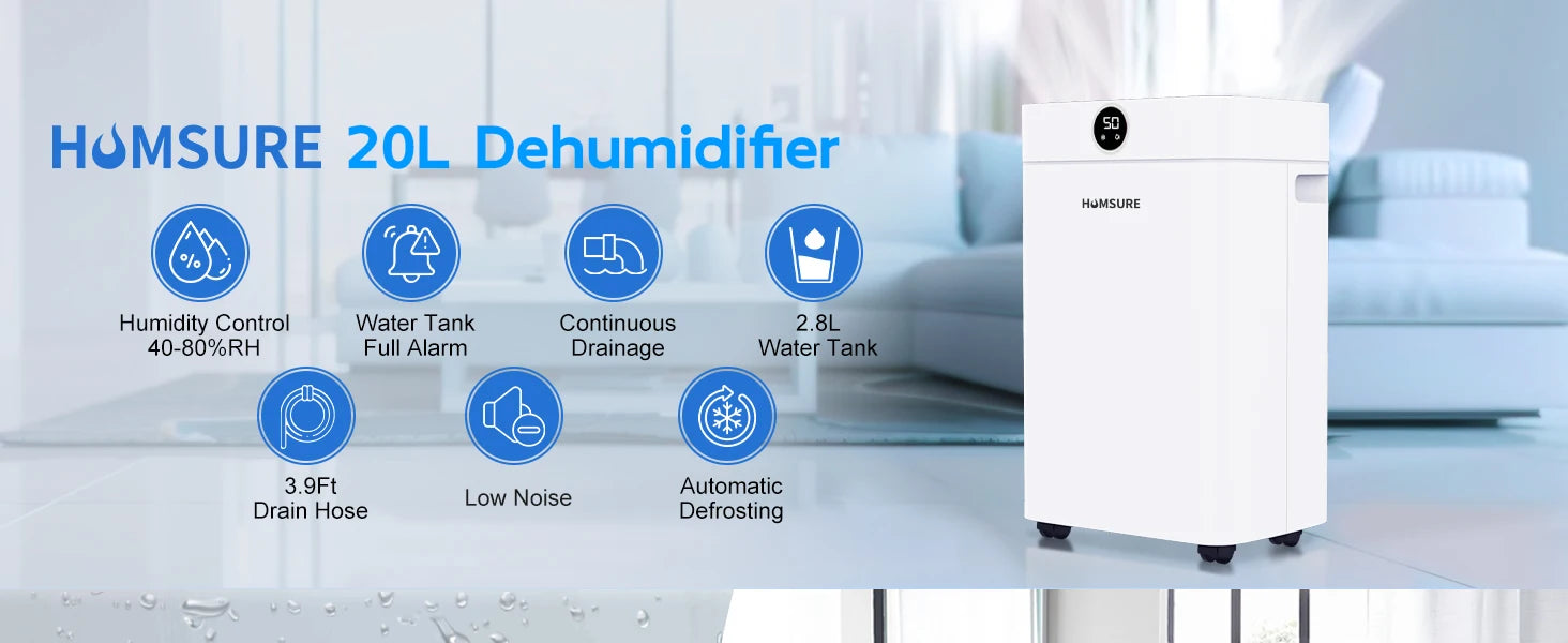 Dehumidifier 20 L, Dehumidifier Cellar Rooms with Digital Display, 24H Timer, Automatic Defrosting, Dry Clothes, Continuous Drai