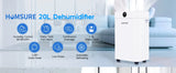 Dehumidifier 20 L, Dehumidifier Cellar Rooms with Digital Display, 24H Timer, Automatic Defrosting, Dry Clothes, Continuous Drai