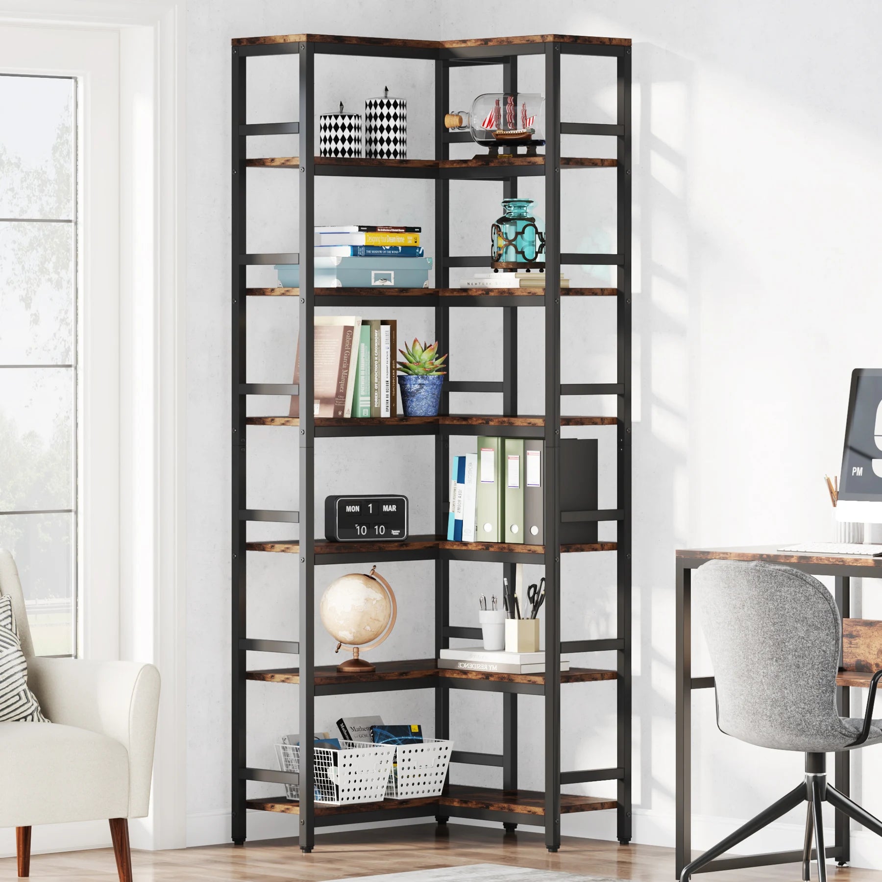 Tribesigns 7-Shelf Corner Bookshelf,Large Modern Corner Bookcase, 7-Tier Tall Corner Shelf Storage Display Rack with Metal Frame