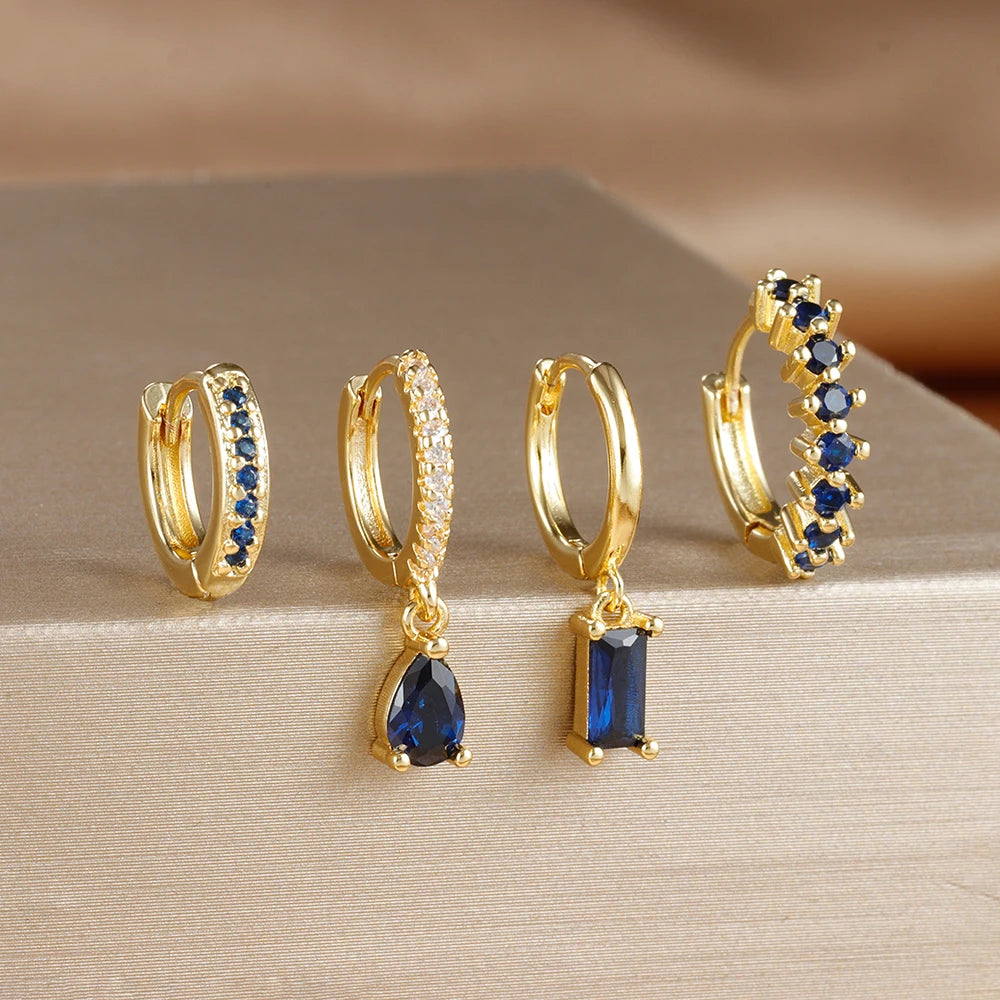 4PCS Colorful Cubic Zirconia Stainless Steel Hoop Earrings Set for Women Pendant Water Drop Earring Cartilage Piercing Jewelry