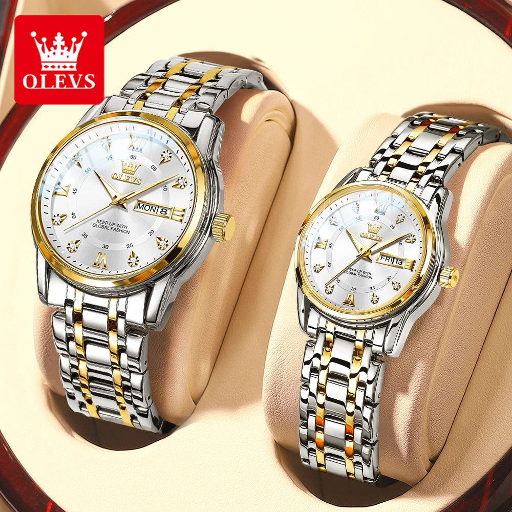 Olevs 5513 moda casal relógio de aço inoxidável à prova dwaterproof água duplo calendário na moda relógio de quartzo para homem e mulher relógio original