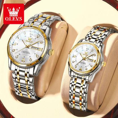 Olevs 5513 moda casal relógio de aço inoxidável à prova dwaterproof água duplo calendário na moda relógio de quartzo para homem e mulher relógio original