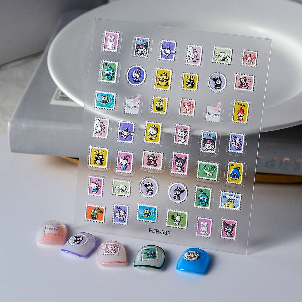 Sanrio Anime 5D Nail Stickers Hello Kitty Kurome Cartoon Stickers Nail Decoration Cute Melody Nail Art Decals Nail Art Supplies
