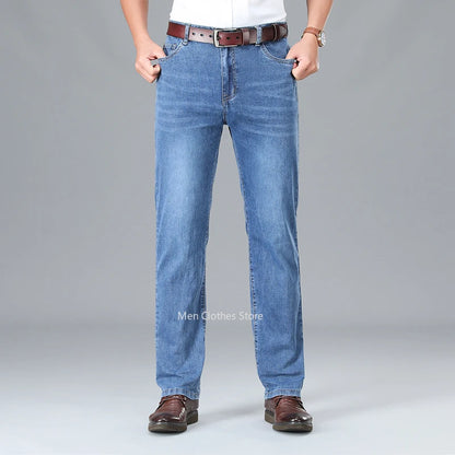 2024 Brand Thin or Thick Material Men's Elastic Cotton Jeans Fashion Gray Comfortable Denim Business Casual High Waist Pants