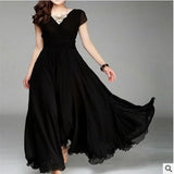 2026 Women's V Neck Short Sleeve Evening Party Dress Temperament Solid Colour Long Cocktail Chiffon High Waist Summer Dresses