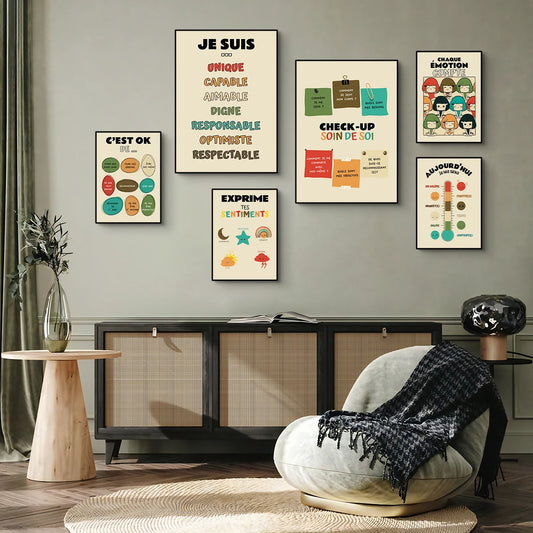 Social Psychology Affirms Children's "I Am" French Canvas Print Rainbow Mental Health Wall Art Poster for Classroom School Decor