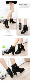 2025 Round Toe Women Fashion Crystal Belt Buckle Boots 6CM Square High Heels Shoes Sexy Leopard Lace Ankle Boots Woman Red Black