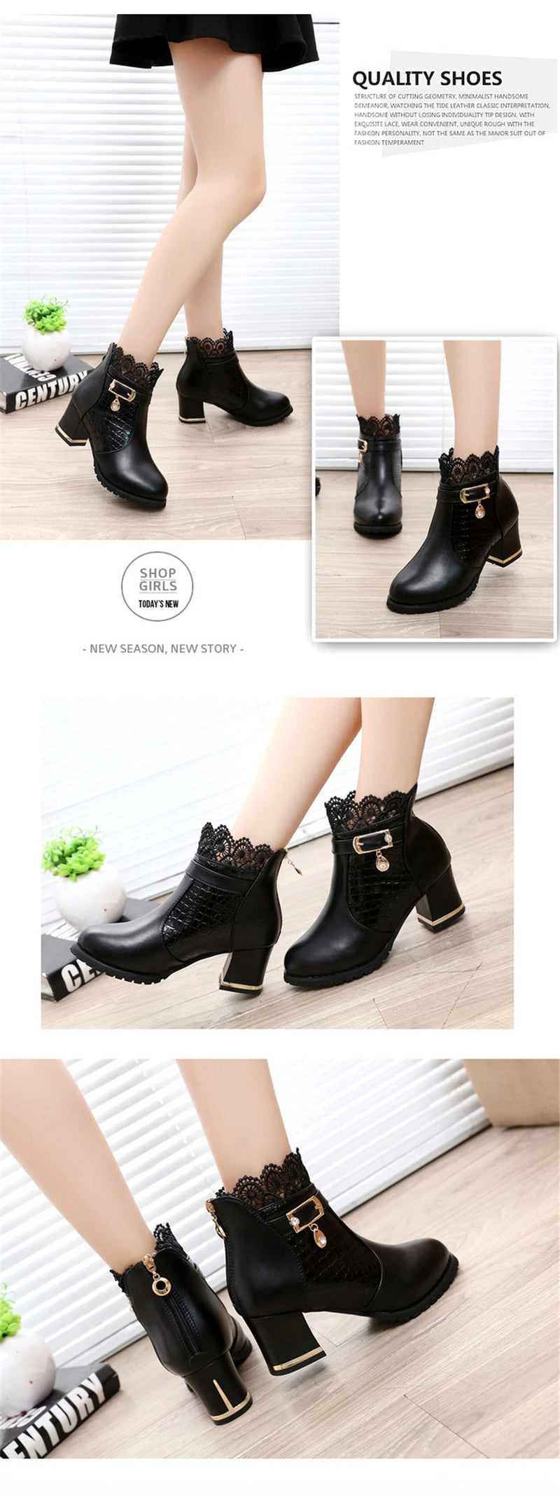 2025 Round Toe Women Fashion Crystal Belt Buckle Boots 6CM Square High Heels Shoes Sexy Leopard Lace Ankle Boots Woman Red Black