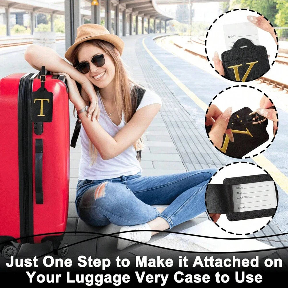 PU Leather Luggage Tag for Travel - Durable Suitcase ID Tag with Privacy Cover & Name Card Slot (A-Z) liu