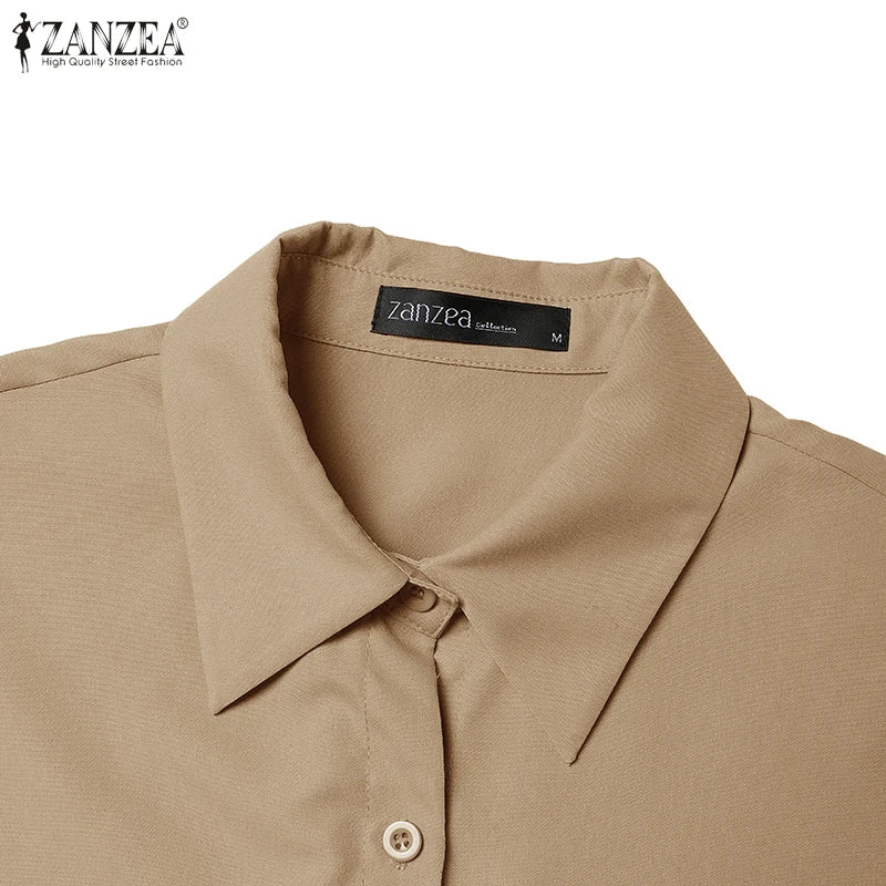 Women Summer OL Work Dress ZANZEA Elegant Short Sleeve Office Sundress Casual Solid A Line Buttons Holiday Vestidos Kaftan Robe