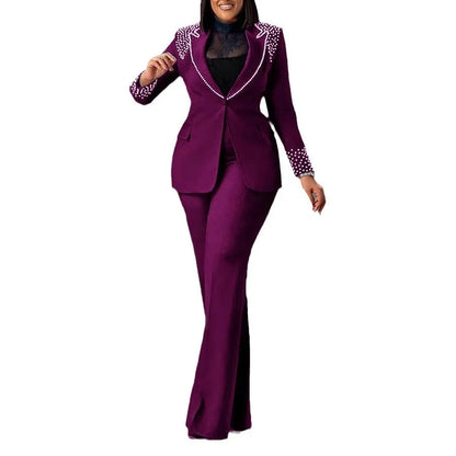CM.YAYA Conjunto de dos piezas de chaqueta de manga larga y pantalón ancho para mujer, con empalme de perlas, para invierno y otoño de 2024