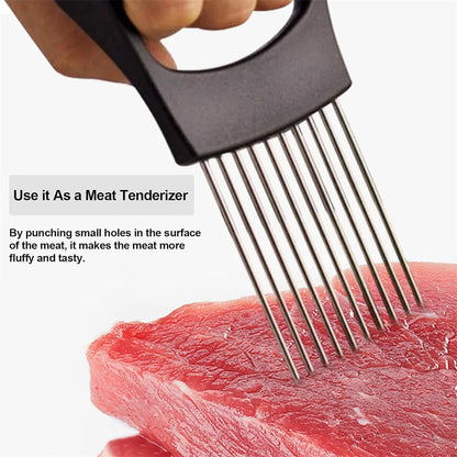 Food Slicing Assistant Kitchen Cutting Tool Durable Onion Cutting Stand with Comfort Handle Stainless Steel Onion Needle Kitchen