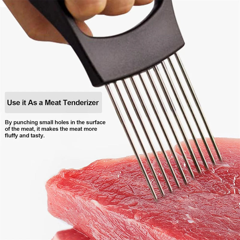 Food Slicing Assistant Kitchen Cutting Tool Durable Onion Cutting Stand with Comfort Handle Stainless Steel Onion Needle Kitchen