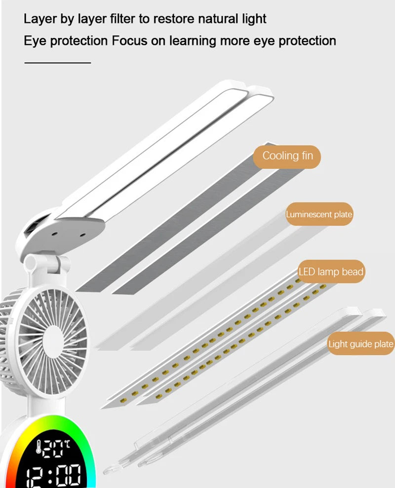Rechargeable Led Table Lamp for Study Desk Lamp Reading Light Led Night Light with Fan Led Clock Dispaly Reading Desk Light