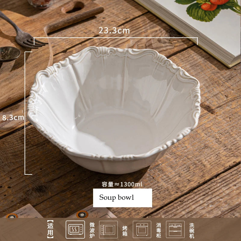Elegant Classical Plate French Retro Ceramic Dishes Home Plate Rice Bowl Party Tableware Set White Lace Embossed Dinner Plate