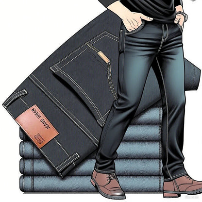 2025 men's fashion business jeans classic style casual elastic slim fit jeans men's denim pants black blue