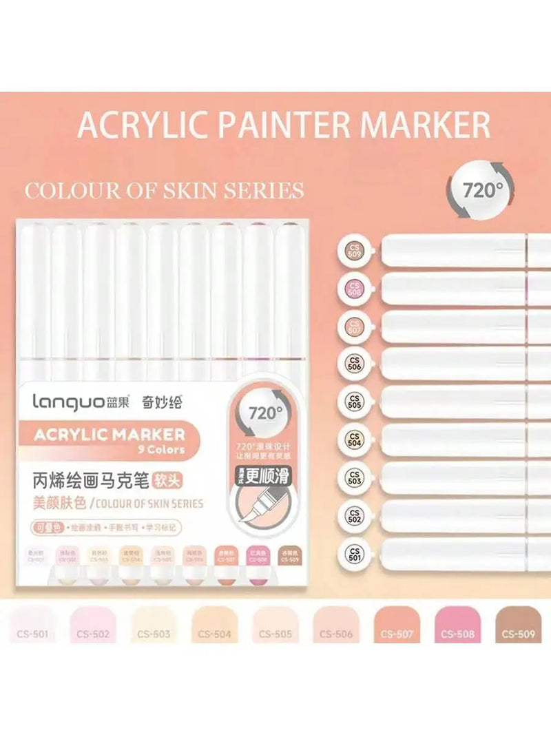 Languo 9pcs/box Soft Brush Acrylic Marker Pen Set，DIY Hand Drawn,Paint Art Markers pens,Student Graffiti Acrylic Paint Pens,M720