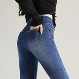 Women's Thermal Jeans Winter Snow Warm Plush Stretch Jeans Lady Skinny Thick Fleece Denim Long Pants Retro Blue Pencil Trousers