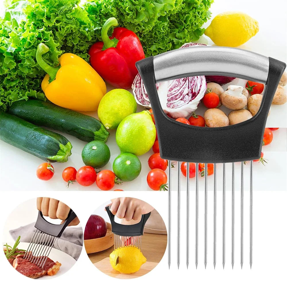 Food Slicing Assistant Kitchen Cutting Tool Durable Onion Cutting Stand with Comfort Handle Stainless Steel Onion Needle Kitchen
