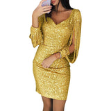 Women Sequin Dress Glitter Sparkle Sexy Deep V Neck Short Dress Above Knee Length Long Tassel Sleeve