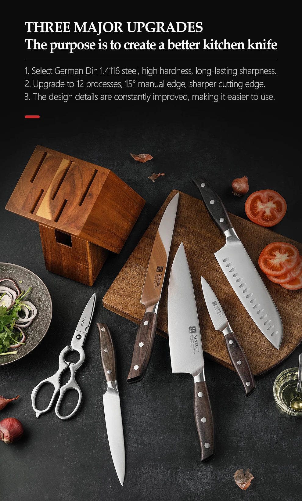 XINZUO Professional Full 7 PCS Knife Set German 1.4116 Stainless Steel Kitchen Knives Sets Best Kitchen Slicing Santoku Tool