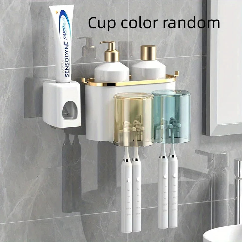 Toothbrush Holder With Squeezer Perforation-free Bathroom Shelf Mouthwash Cup Toothbrush Holder