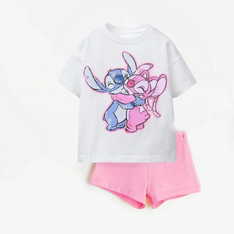 Girls Pink Tshirt +Shorts Cute 2Piece/Set Summer Clothing Short Sleeve Tracksuits Cartoon Print Tees Children Casual Loose Suit