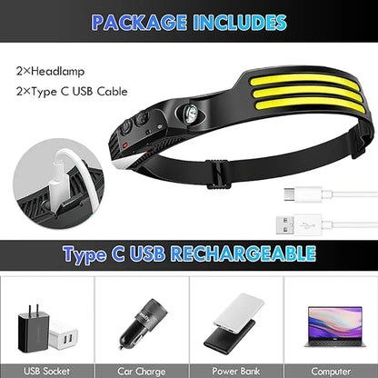 Linterna frontal de inducción LED recargable por USB, batería incorporada, 5 modos de iluminación, para acampar al aire libre y pescar.