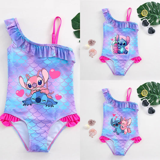 Traje de baño de una pieza con estampado de escamas de sirena para niña pequeña de Lilo Stitch, traje de baño para playa
