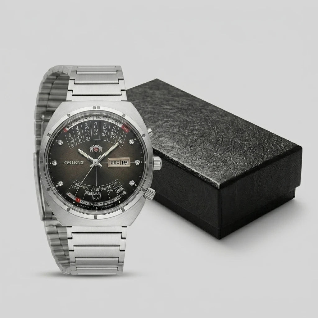 Relógio masculino automático vintage com calendário perpetuo em aço inoxidável
