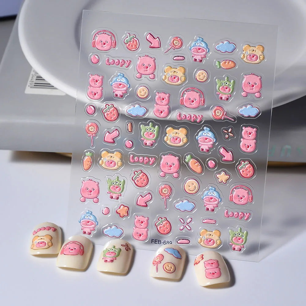 Sanrio Anime 5D Nail Stickers Hello Kitty Kurome Cartoon Stickers Nail Decoration Cute Melody Nail Art Decals Nail Art Supplies