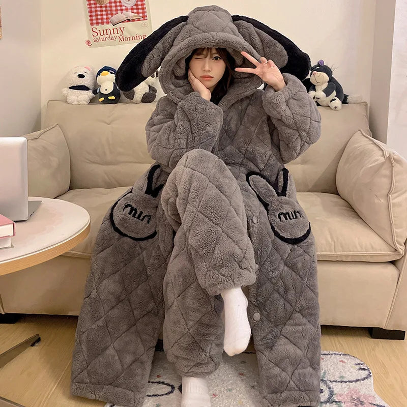 Plus Size Cartoon Coral Fleece Nightgown Pants Two Piece Sets for Women Winter Flannel Thicken Kawaii Bunny Hooded Pajamas Suit