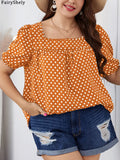 Fairyshely 2025 Summer Casual Print Plus Size Top Women Square Collar Loose Large T-shirt Lady Short Sleeve Elegant Curvy Tops