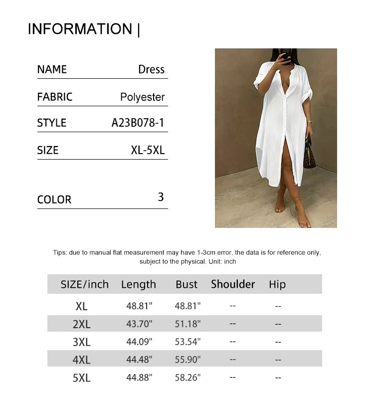 Vestido de talla grande para mujer, primavera y verano 2024, con botones de una sola fila, color liso, informal, suelto, largo, de poliéster.