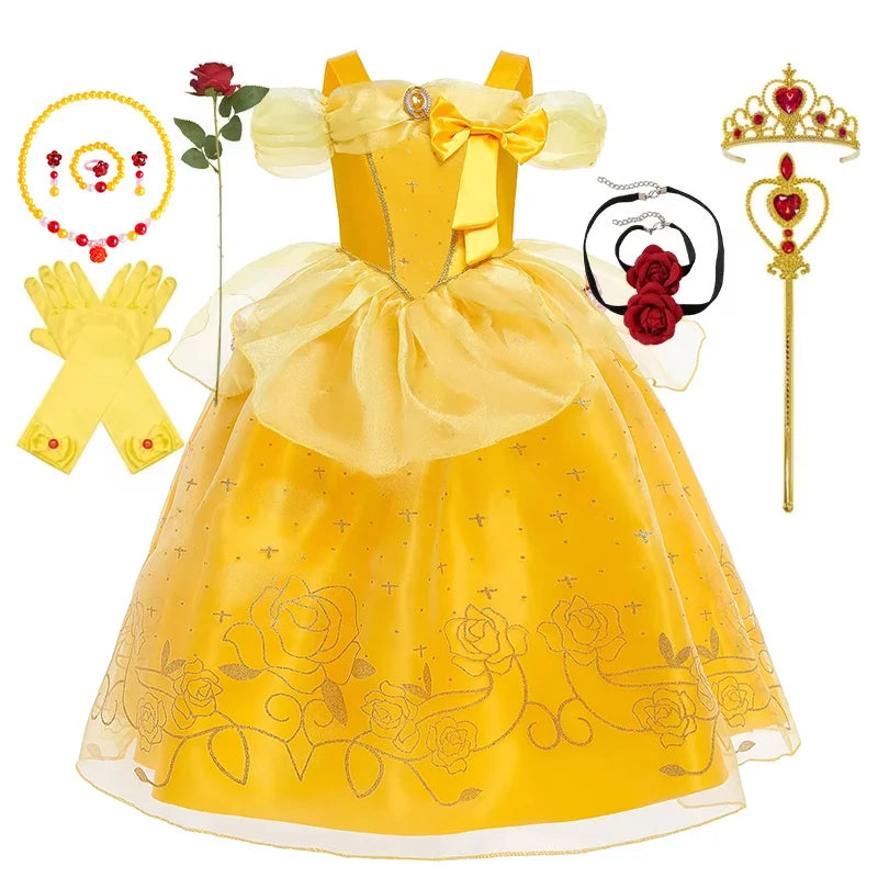 Disney Girls Cosplay Belle Princess Dress for Kids Beauty and The Beast Costumes Children Birthday Party with Flower Clothes