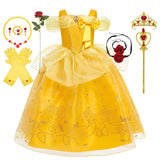 Disney Girls Cosplay Belle Princess Dress for Kids Beauty and The Beast Costumes Children Birthday Party with Flower Clothes