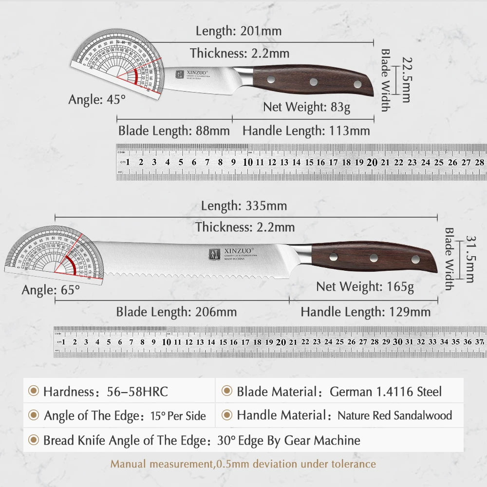 XINZUO High Carbon Germany 1.4116 Stainless Steel 5PCS Kitchen Knife Set High Quality Red Sandalwood Handle Cooking Slicing Tool