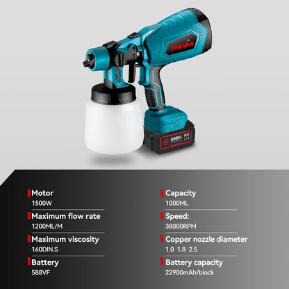 1000ML Electric Spray Gun Cordless Paint Sprayer Auto Furniture Household Sprayer Flow Control Power Tool For 21V 18V Battery