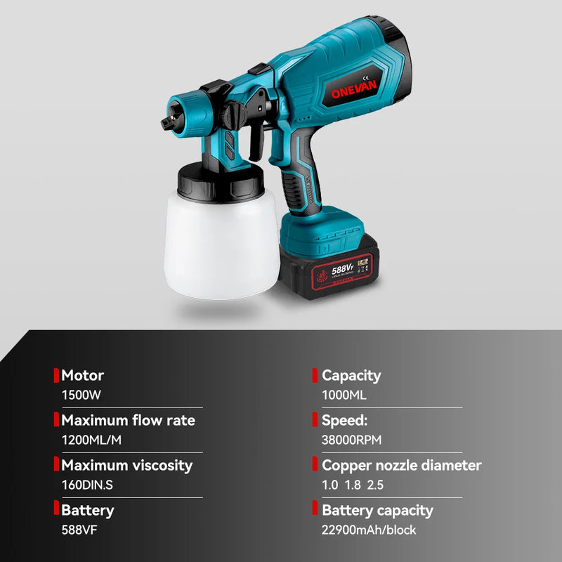 1000ML Electric Spray Gun Cordless Paint Sprayer Auto Furniture Household Sprayer Flow Control Power Tool For 21V 18V Battery