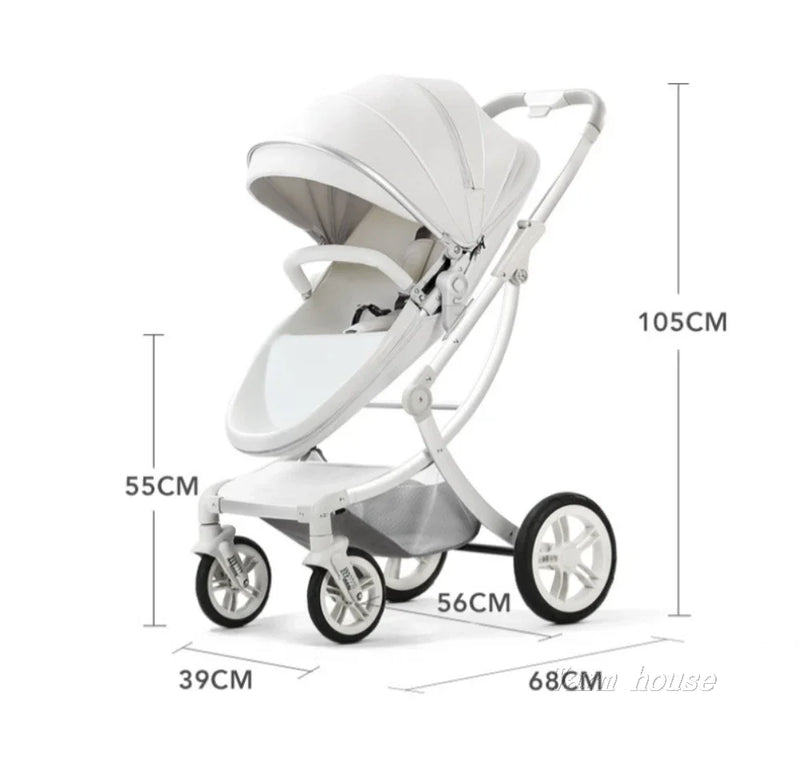 Baby Stroller 3in1,Luxury Baby Carriage with Car Seat,Eggshell Newborn Stroller Leather High Landscape PU leather