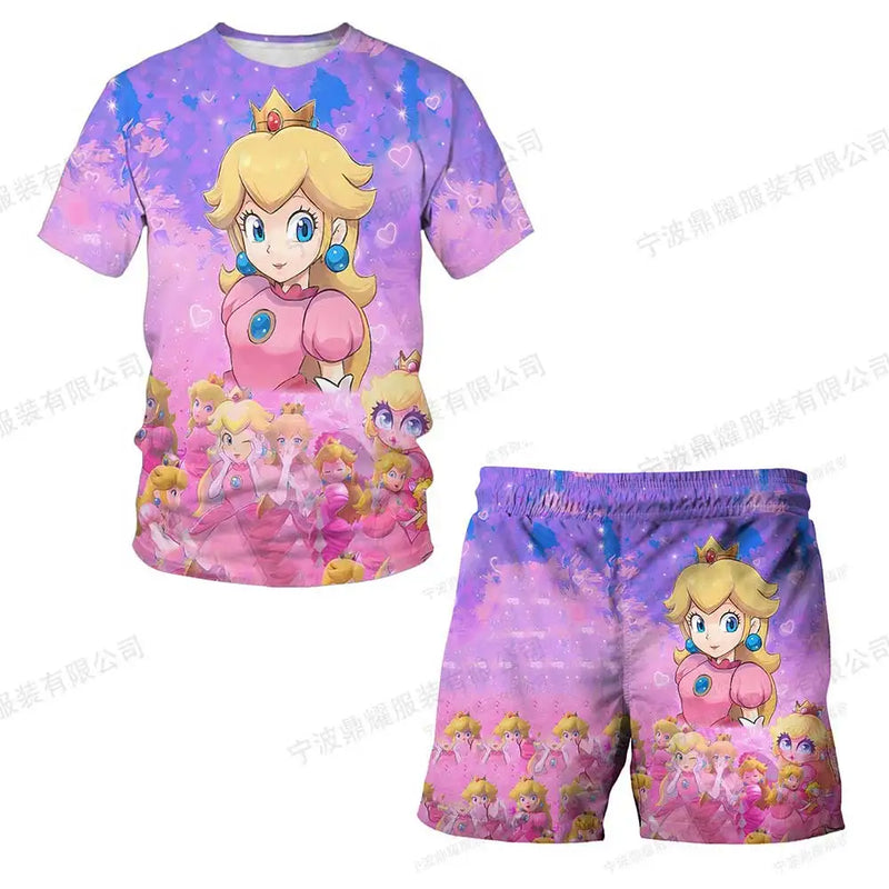 Summer anime Super Mario fashion cute boy 3D top T-shirt+shorts two-piece set Mario girl and boy top short sleeved shorts