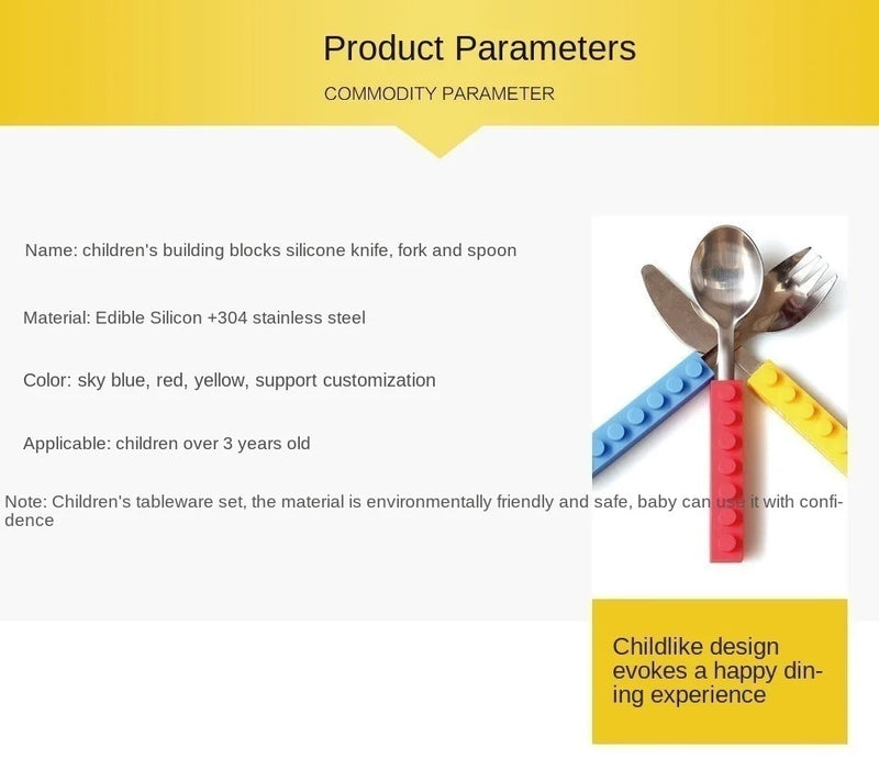 3pcs Stainless Steel Dinnerware Children Western Cutlery Set Knife Fork Spoon Dinner Tableware Silicone Building Blocks Handle