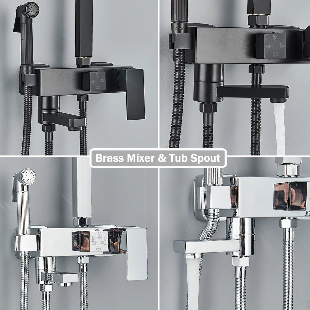 Rainfall Bathroom Shower Faucet Kit With Bidet Wall Mounted Stainless Steel Hot Cold Water Mixer Tap System With Rack,Tub Spout