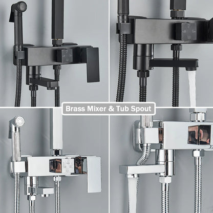 Rainfall Bathroom Shower Faucet Kit With Bidet Wall Mounted Stainless Steel Hot Cold Water Mixer Tap System With Rack,Tub Spout