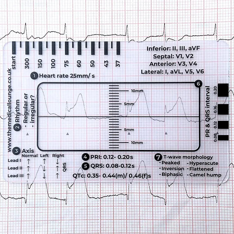 ECG 7 Step Ruler, Ruler Card for ECG/EKG Interpretation, Portable Pocket ECG EKG Reference Guide with Sheath, Emergency tool