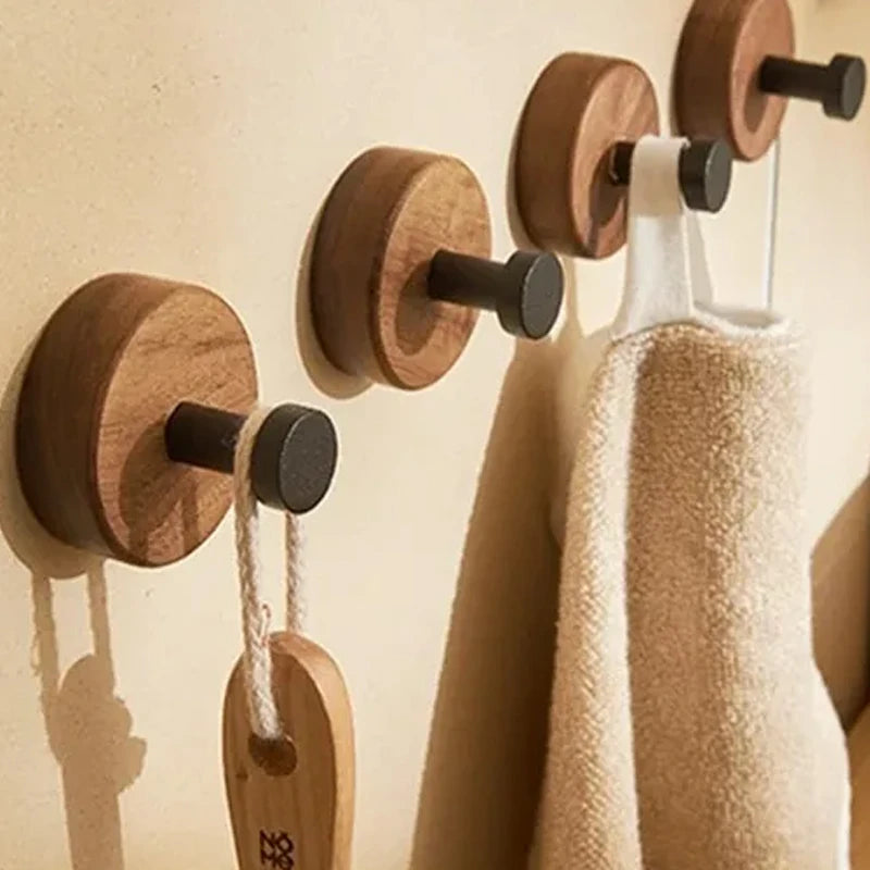 Self-adhesive New Simple Solid Wood Hook Walnut Hanging Hanger Bathroom Wall Hook Bedroom Coat Storage Rack Home Towel Key Decor