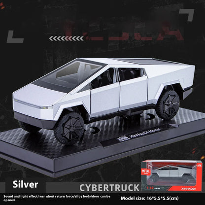 Camiones de juguete para niños, modelo Cybertruck, camioneta plateada, de metal fundido a presión, con sonido y luz, a partir de 3 años, escala 1:32.