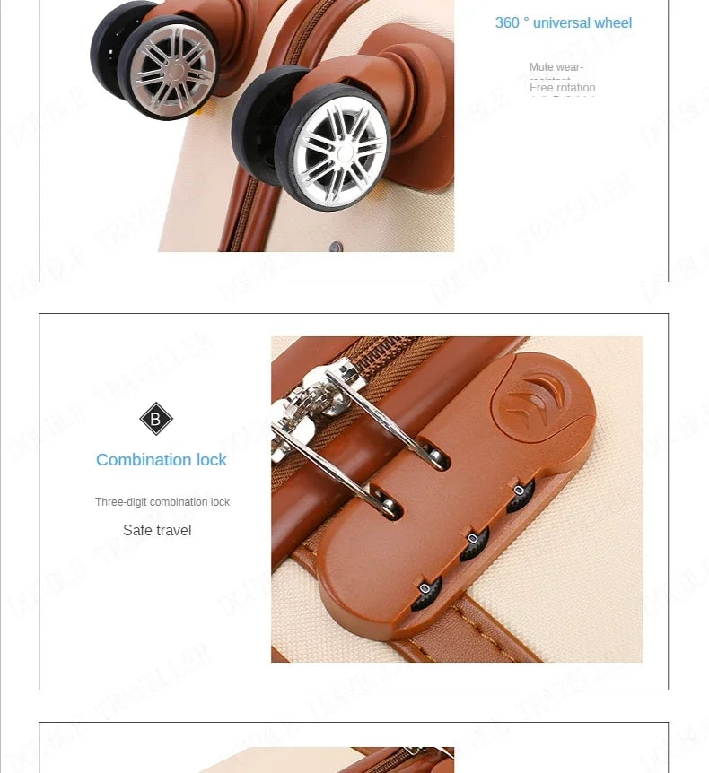 Rolling Luggage Set Women's Fashion Combination Lock Travel Suitcase Set Universal Cosmetic Bag Retro 2-Piece Trolley Luggage Set