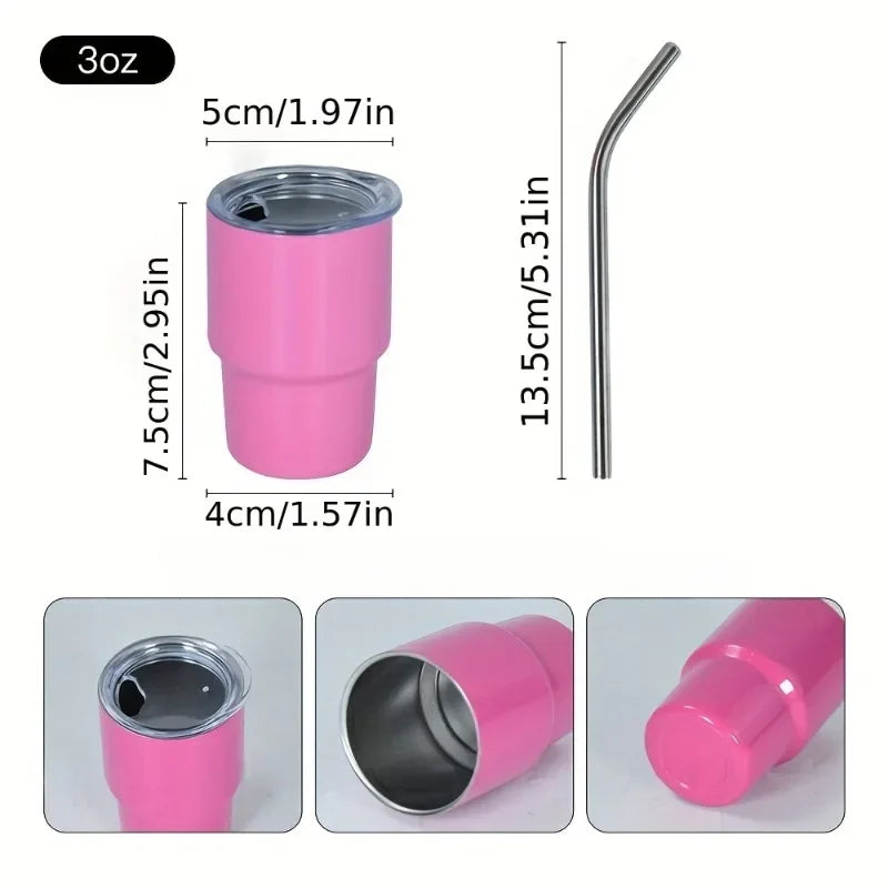 Mini vasos de 3oz con tapa y pajita, botellas de agua de sublimación de acero inoxidable, vasos de chupito de Metal, artículos para beber para verano e invierno, 1 ud.